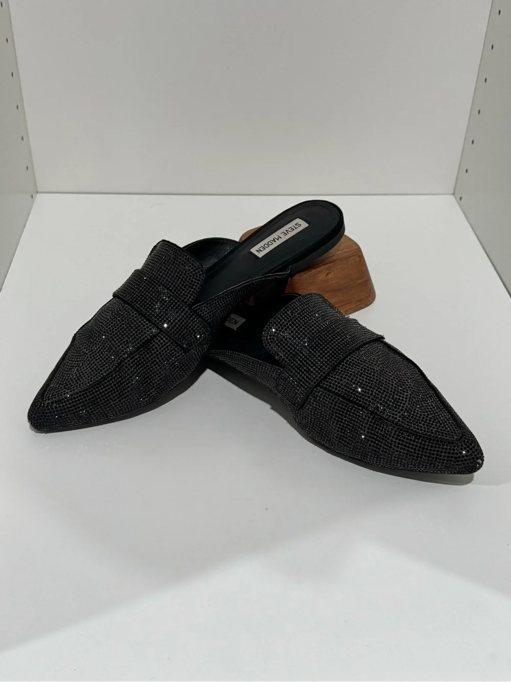 Steve Madden Black Pointed Slip-On Mules with Subtle Sparkle 13M
